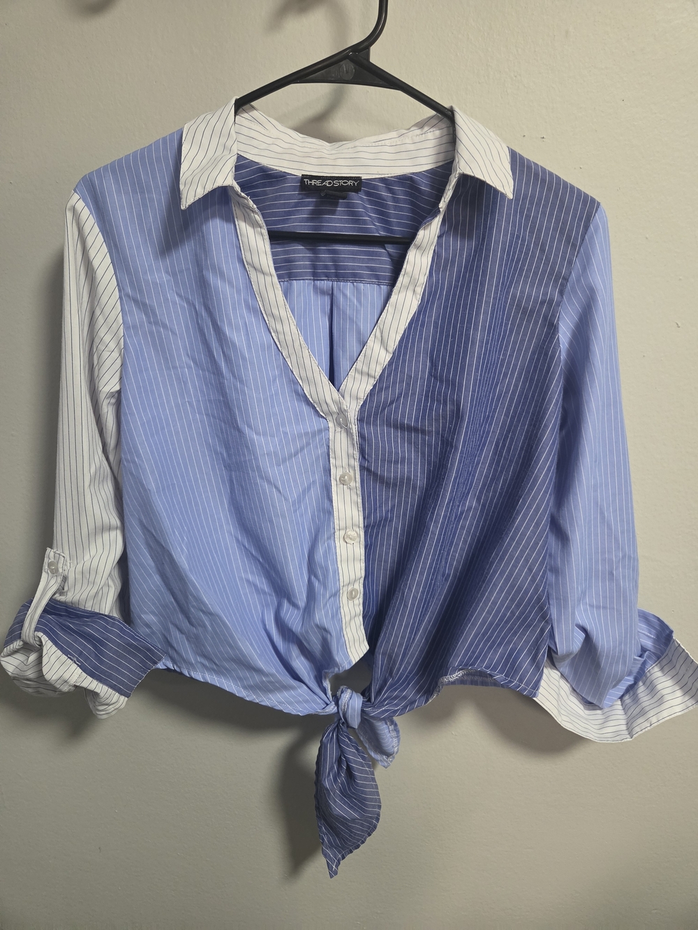 ThreadStory Blue Mixed Stripe Tie Front Button Blouse Size Large